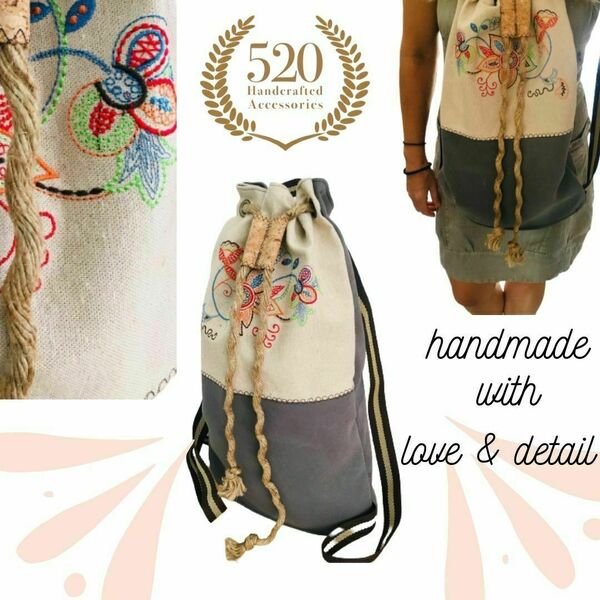 Yφασμάτινη τσάντα πουγκί με κεντημένο floral μοτίβο - ύφασμα, πουγκί, πλάτης, φλοράλ
