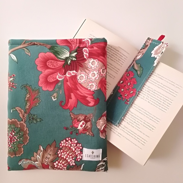 Θήκη βιβλίου & σελιδοδείκτης σε floral print με πετρόλ φόντο - ύφασμα, σελιδοδείκτες, θήκες βιβλίων