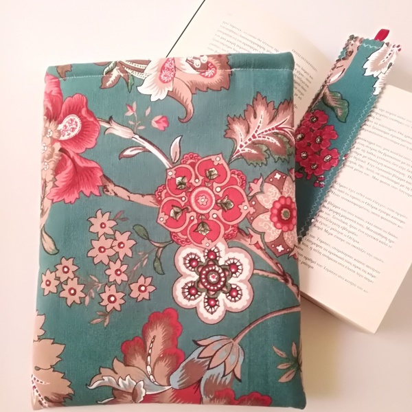 Θήκη βιβλίου & σελιδοδείκτης σε floral print με πετρόλ φόντο - ύφασμα, σελιδοδείκτες, θήκες βιβλίων - 2