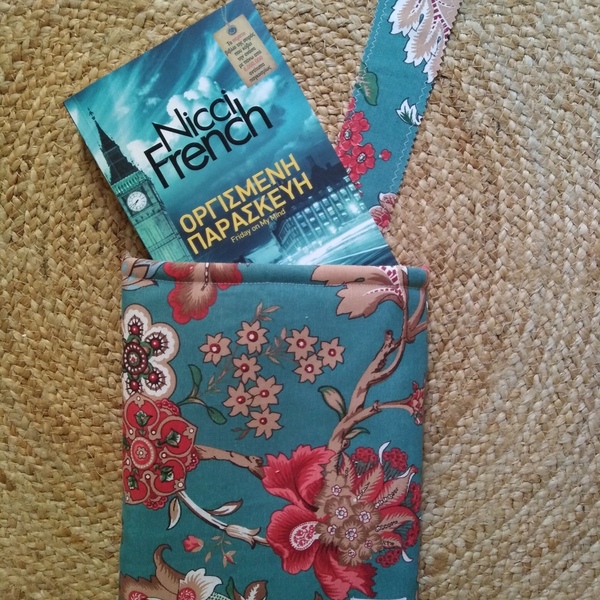 Θήκη βιβλίου & σελιδοδείκτης σε floral print με πετρόλ φόντο - ύφασμα, σελιδοδείκτες, θήκες βιβλίων - 5