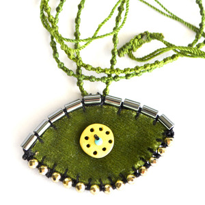 κολιέ evil eye πράσινο λαδί - ημιπολύτιμες πέτρες, ύφασμα, ορείχαλκος, μάτι, αυξομειούμενα, μενταγιόν