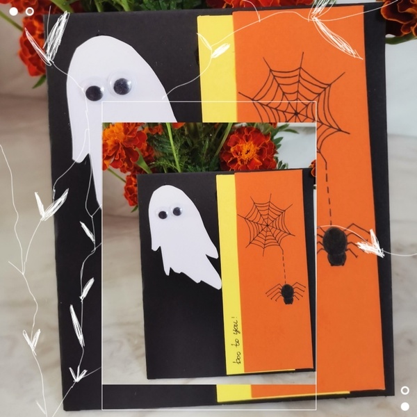 Χειροποίητη ζωγραφισμένη στο χέρι κάρτα Halloween από σκληρό χαρτόνι με φαντασματάκι & αράχνη - halloween, κάρτα ευχών, κάρτες, ευχετήριες κάρτες - 2