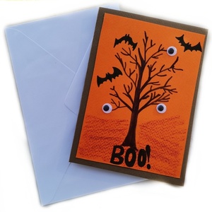Χειροποίητη ζωγραφισμένη στο χέρι κάρτα Halloween από σκληρό χαρτόνι με νυχτερίδες & δέντρο - halloween, κάρτα ευχών, κάρτες, ευχετήριες κάρτες