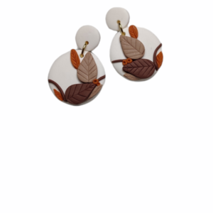 Λευκά στρογγυλά σκουλαρίκια-μπεζ, καφέ λεπτομέρειες/καρφωτα - πηλός - 2