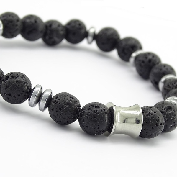 Βραχιόλι Λάβα (Lava) polished σε χρώμα μαύρο - ημιπολύτιμες πέτρες, λάβα, βραχιόλια, αντρικά βραχόλια, δώρο για αδερφό - 2