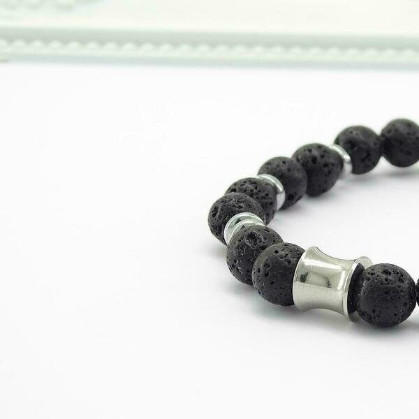 Βραχιόλι Λάβα (Lava) polished σε χρώμα μαύρο - ημιπολύτιμες πέτρες, λάβα, βραχιόλια, αντρικά βραχόλια, δώρο για αδερφό - 3