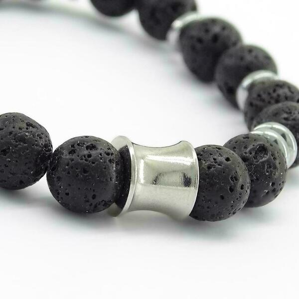 Βραχιόλι Λάβα (Lava) polished σε χρώμα μαύρο - ημιπολύτιμες πέτρες, λάβα, βραχιόλια, αντρικά βραχόλια, δώρο για αδερφό - 4