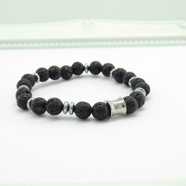 Βραχιόλι Λάβα (Lava) polished σε χρώμα μαύρο - ημιπολύτιμες πέτρες, λάβα, βραχιόλια, αντρικά βραχόλια, δώρο για αδερφό - 5