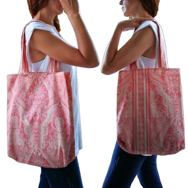 ΠΡΟΣΦΟΡΑ! Βαμβακερή τσάντα 40Χ43 βινταζ ζακαρ κοραλλί, shopping bag, beach bag, tote. - vintage, ώμου, all day, δώρα για δασκάλες, πάνινες τσάντες - 3