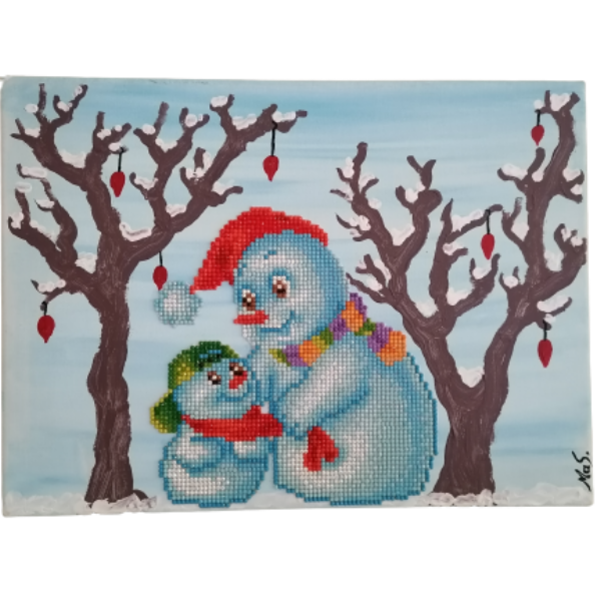 Χριστουγεννιατικο τοπίο, Χριστούγεννα, χιονάνθρωποι με στρας διάστασης 28Χ38εκατ. - πίνακες & κάδρα, πίνακες ζωγραφικής