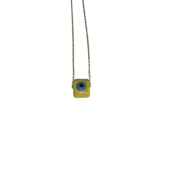 Κολιέ κοντό με ασημένια 925 αλυσίδα επίχρηση με κίτρινη τετράγωνη κεραμική χάντρα - charms, ασήμι 925, χάντρες, κοντά, boho - 2