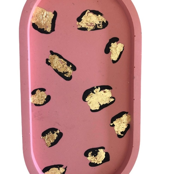 Ροζ οβαλ tray λεοπάρ με φυλλα χρυσου - δίσκος, διακόσμηση, πιατάκια & δίσκοι - 2