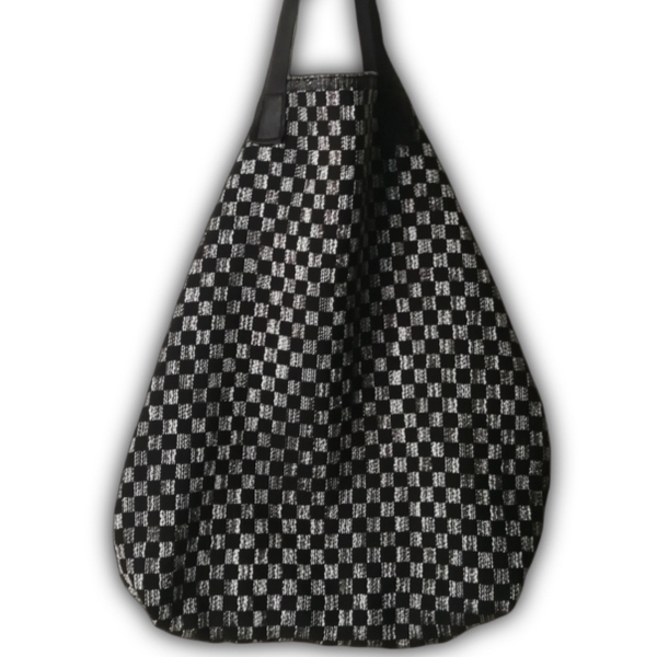 Μαυρη γκρι XL 39Χ48 tote bag με τσεπη, μεγαλη τσάντα ώμου, ύφανση σκακιερα - ύφασμα, ώμου, μεγάλες, all day, tote - 3