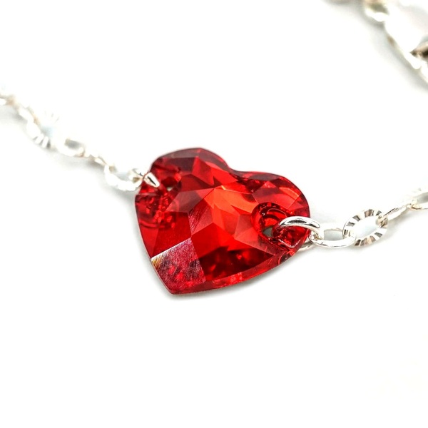 Βραχιόλι Γυναικείο Καρδιά Κόκκινη Swarovski Crystals, Δεμένο με Ασήμι, Λαμπερό Κόσμημα Nikolas Jewelry - charms, ασήμι 925, καρδιά, χεριού, αυξομειούμενα - 2