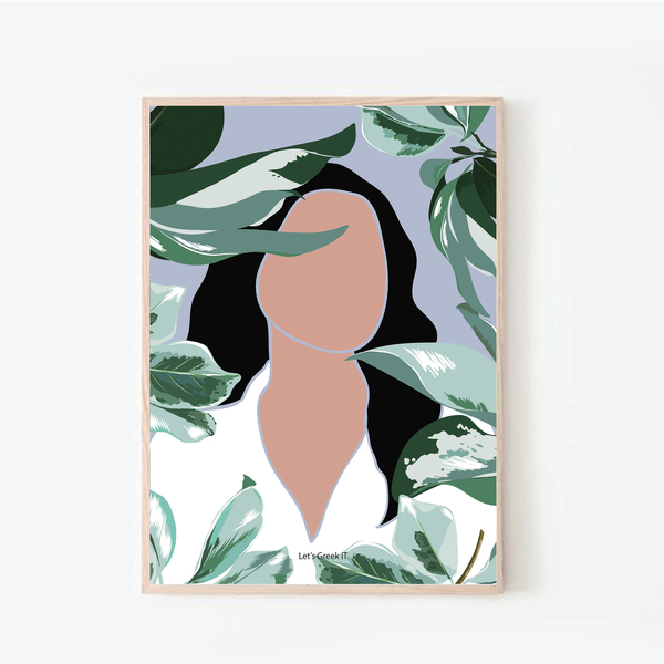 21x30cm | leaf lovers| abstract μορφές ανάμεσα σε φύλλα με λευκό/μαύρο/φυσικό ξύλινο κάδρο - ιδιαίτερο, πίνακες & κάδρα