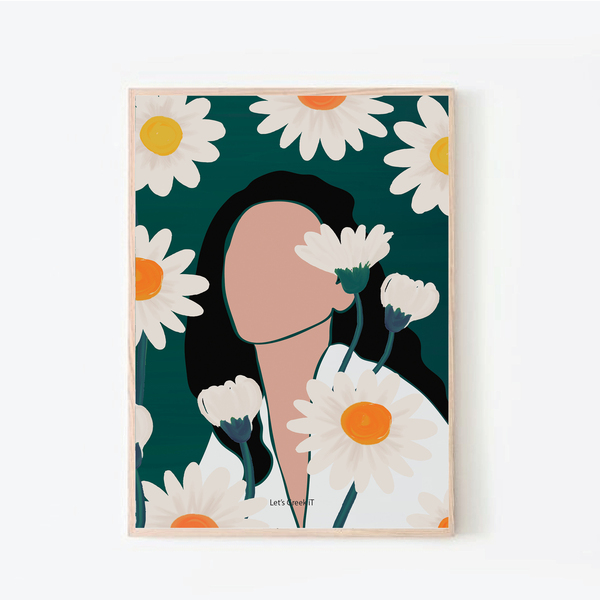 50x70cm | leaf lovers| abstract πρόσωμα με μαργαρίτες - αφίσα χωρίς κάδρο - ιδιαίτερο, αφίσες
