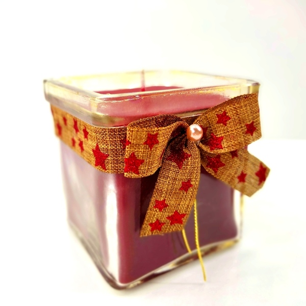 Κερί χειροποίητο βαθύ κόκκινο με άρωμα πορτοκάλι-κανέλα σε τετράγωνο γυάλινο βάζο 7εκ Χ7 - αρωματικά κεριά - 3
