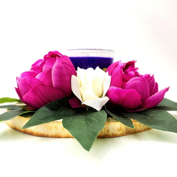 Ξύλινη σύνθεση κορμός 11χ22 εκ με υφασμάτινα τριαντάφυλλα και χειροποίητο μωβ κερί σε γυάλινο ποτήρι - ύφασμα, ξύλο, διακοσμητικά - 3