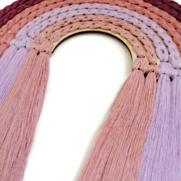 Boho Ουράνιο τόξο κρεμαστό με ξύλο 36 εκατοστά - μακραμέ, boho, παιδικό δωμάτιο, διακοσμητικά - 4
