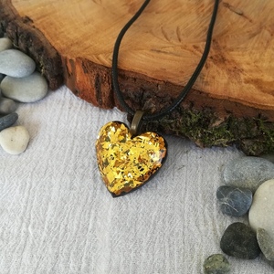 Μενταγιόν καρδιά χρυσή με μαύρο κορδόνι, από υγρό γυαλί, 42εκ. μήκος - γυαλί, καρδιά, αγάπη, κοντά, μενταγιόν - 3