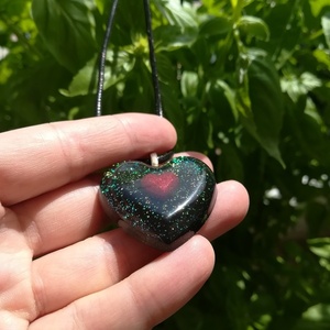 Εντυπωσιακό μενταγιόν καρδιά μαύρη με γκλίτερ από υγρό γυαλί, μήκος 42εκ - γυαλί, καρδιά, αγάπη, κοντά, μενταγιόν - 5