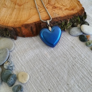 Μενταγιόν καρδιά σε χρώμα μεταλλικό μπλε από υγρό γυαλί, μήκος 45εκ - γυαλί, καρδιά, αγάπη, χειροποίητα, κοντά, δώρα για γυναίκες, μενταγιόν - 4