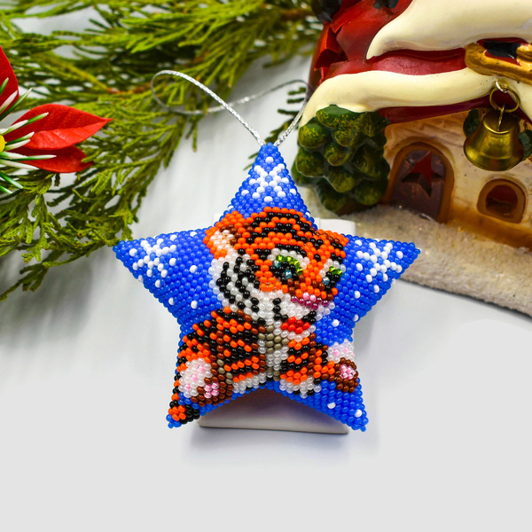 3D Χριστουγεννιάτικo Αστέρι 2022 «Τίγρη» από Γυάλινες Χάντρες 9x9εκ. - αστέρι, χριστουγεννιάτικα δώρα, στολίδια, πρωτοχρονιά - 4