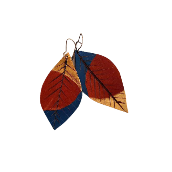 Δερμάτινα σκουλαρίκια « Blue Leaves»! - δέρμα, φύλλο, κρεμαστά, γάντζος