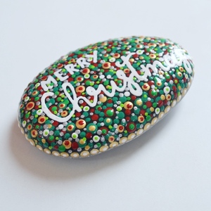 Χριστουγεννιάτικη πέτρα "Merry Christmas", ζωγραφισμένη στο χέρι, μήκους περίπου 10 εκ. - ζωγραφισμένα στο χέρι, διακοσμητικά, διακοσμητικές πέτρες - 4