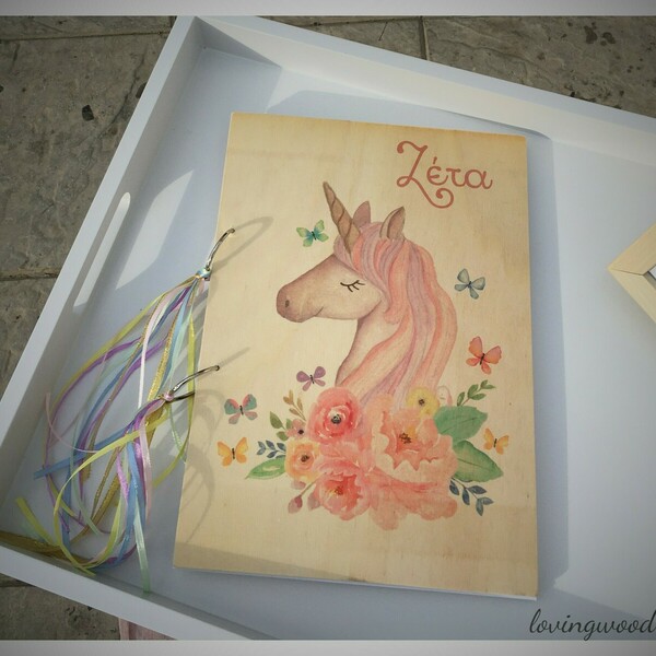 Ξύλινο βιβλίο ευχών μονόκερος προσωποποιημένο - κορίτσι, λουλούδι, personalised, μονόκερος - 2