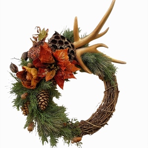 Χριστουγεννιάτικο στεφάνι με κέρατα ελαφιού , κολοκύθα, κουκουνάρια , αλεξανδρινό λουλούδι . - ξύλο, στεφάνια, διακοσμητικά