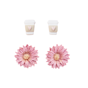 Coffee and Flowers | Σετ 2 ζευγάρια καρφωτά σκουλαρίκια ποτήρια καφέ και λουλούδια (ατσάλι, πηλός) - πηλός, λουλούδι, καρφωτά, ατσάλι, καρφάκι