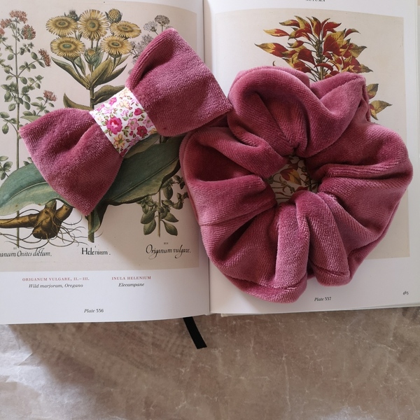 Χειροποιητο κοκαλάκι hair clip φιογκάκι βελούδινο σε old rose χρώμα με φλοραλ λεπτομερεια - δώρο, μαλλιά, αξεσουάρ μαλλιών, τσιμπιδάκια μαλλιών, hair clips - 3