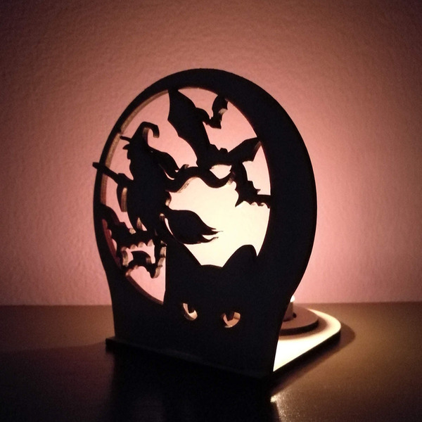 "Halloween" ξύλινη βάση ρεσώ ιπτάμενη μάγισσα, διαστάσεις 12,5x12,5x12,5cm - gothic style, ρεσώ & κηροπήγια, halloween, ξύλινα διακοσμητικά - 5