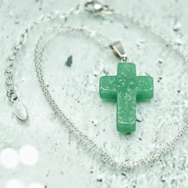 Κολιέ Αβεντουρίνης Πράσινος Σταυρός με Ατσάλινη Αλυσίδα 45εκ Nikolas Jewelry - σταυρός, ημιπολύτιμες πέτρες, ατσάλι, μενταγιόν - 4