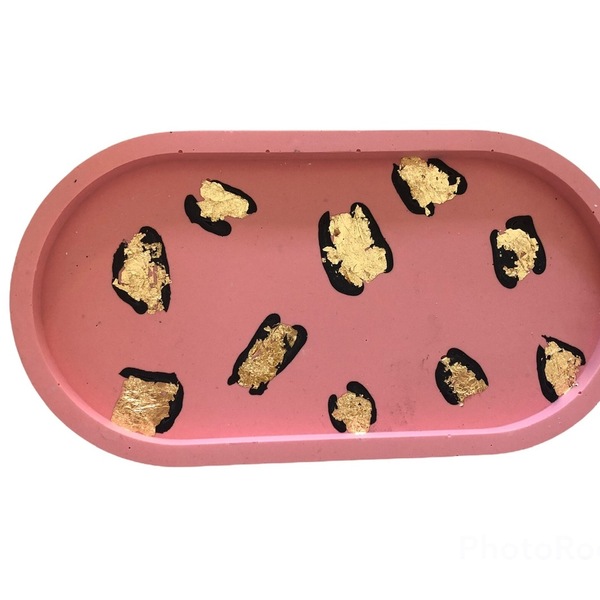 Ροζ οβαλ tray λεοπάρ με φυλλα χρυσου - δίσκος, διακόσμηση, πιατάκια & δίσκοι - 3