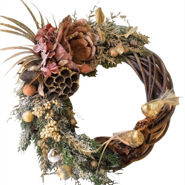 Χριστουγεννιάτικο στεφανι με λουλούδια , ορτανσίες , πουλάκια 42 εκατοστά - ξύλο, στεφάνια, διακοσμητικά