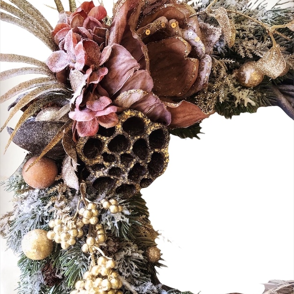 Χριστουγεννιάτικο στεφανι με λουλούδια , ορτανσίες , πουλάκια 42 εκατοστά - ξύλο, στεφάνια, διακοσμητικά - 2