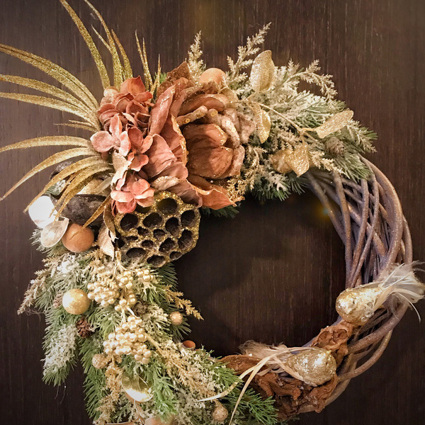 Χριστουγεννιάτικο στεφανι με λουλούδια , ορτανσίες , πουλάκια 42 εκατοστά - ξύλο, στεφάνια, διακοσμητικά - 3