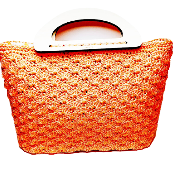 Χειροποίητη πλεκτή τσάντα tote πορτοκαλί με ξύλινα χερούλια - μεγάλες, all day, χειρός, tote, πλεκτές τσάντες