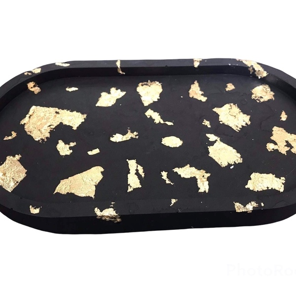 Μαύρο οβαλ tray με φυλλα χρυσου - διακόσμηση, χειροποίητα, δώρα
