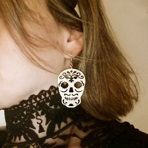 Ξύλινα σκουλαρίκα "Halloween" Sugar Skull - ξύλο, halloween, boho, κρεμαστά - 2