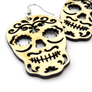 Ξύλινα σκουλαρίκα "Halloween" Sugar Skull - ξύλο, halloween, boho, κρεμαστά - 3