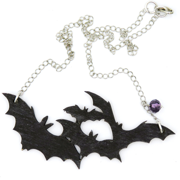 Ξύλινο κολιέ "Halloween" με νυχτερίδες και αλυσίδα - ξύλο, gothic style, κοντά, halloween