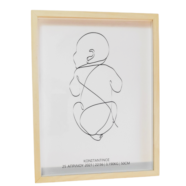 Καδράκι minimal με στοιχεία γέννησης και σκίτσο μωρού (line art) 30x40cm με plexiglas, ξύλινο σε φυσικό χρώμα - πίνακες & κάδρα, κορίτσι, αγόρι, αναμνηστικά, δώρο γέννησης, παιδικά κάδρα