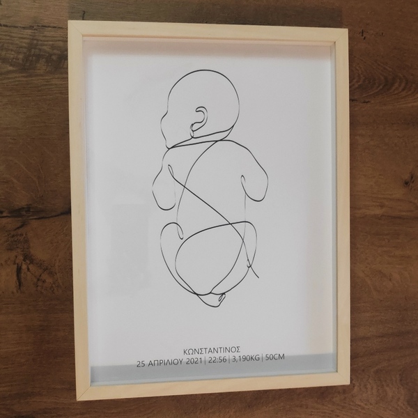 Καδράκι minimal με στοιχεία γέννησης και σκίτσο μωρού (line art) 30x40cm με plexiglas, ξύλινο σε φυσικό χρώμα - πίνακες & κάδρα, κορίτσι, αγόρι, αναμνηστικά, δώρο γέννησης, παιδικά κάδρα - 3