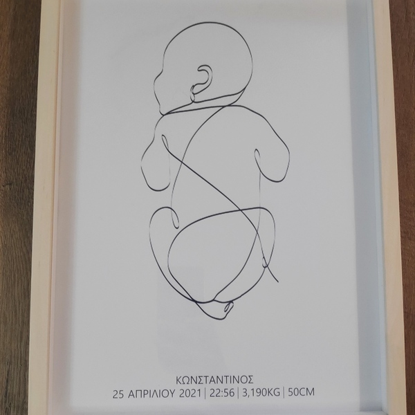 Καδράκι minimal με στοιχεία γέννησης και σκίτσο μωρού (line art) 30x40cm με plexiglas, ξύλινο σε φυσικό χρώμα - πίνακες & κάδρα, κορίτσι, αγόρι, αναμνηστικά, δώρο γέννησης, παιδικά κάδρα - 5