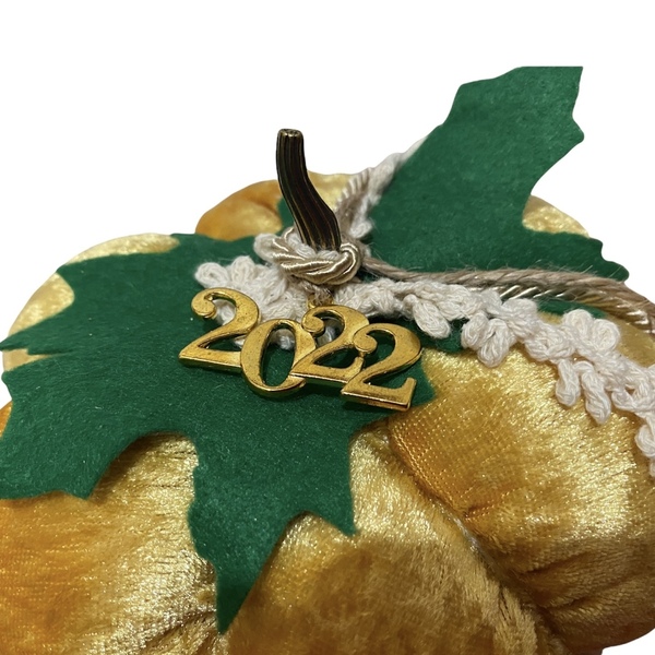 Χρυσή χειροποίητη κολοκυθα με φύλλα - ύφασμα, κολοκύθα, γούρια - 2