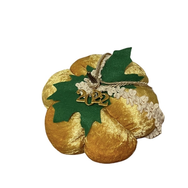 Χρυσή χειροποίητη κολοκυθα με φύλλα - ύφασμα, κολοκύθα, γούρια - 3