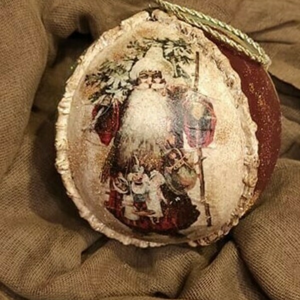Χειροποίητη χριστουγεννιάτικη μπάλα με Αγιο Βασίλη σε μπορντώ - λαδί 12 εκ. - πηλός, άγιος βασίλης, στολίδια, μπάλες - 3